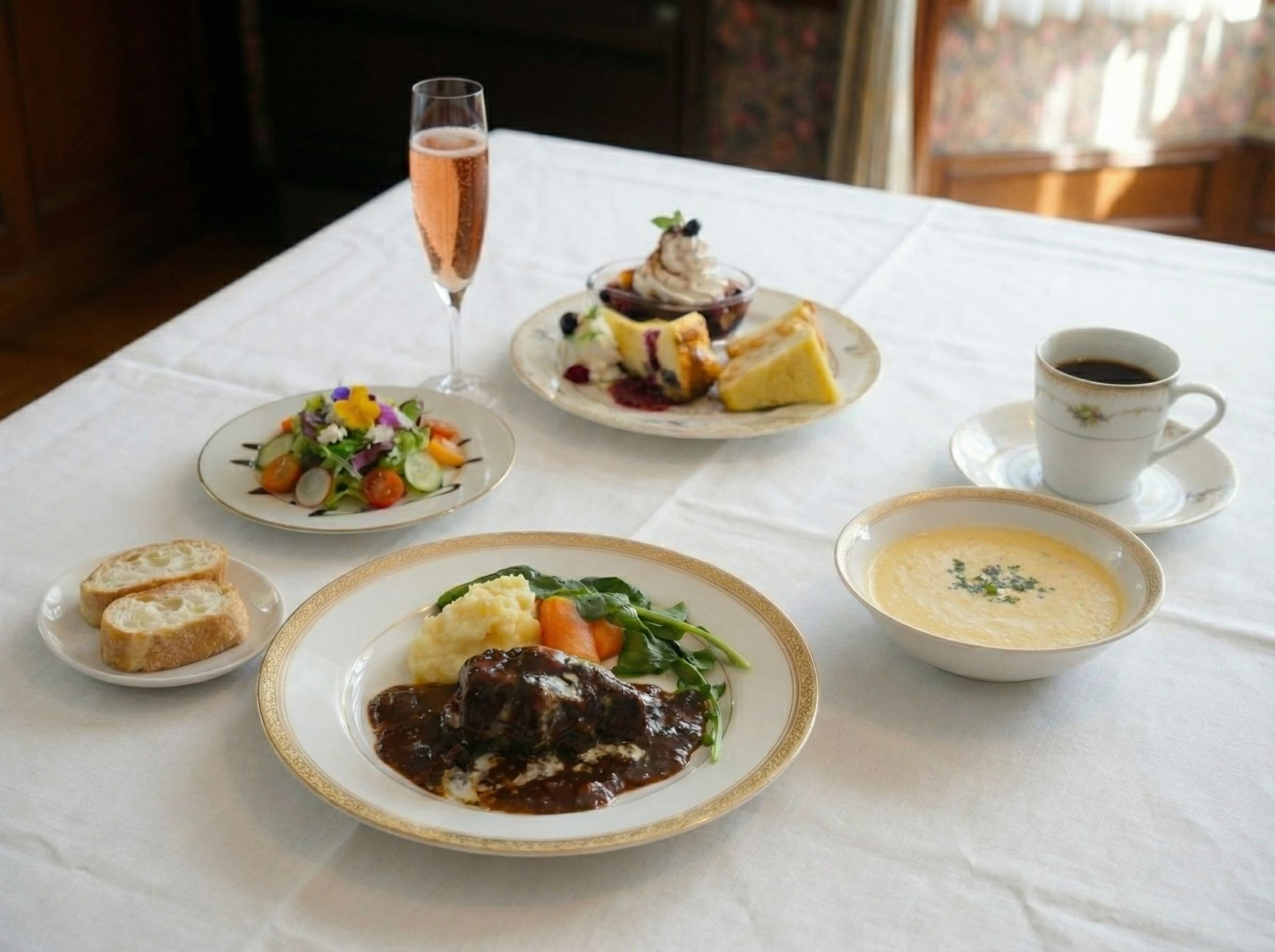 会食プランの料理例（ビーフシチューを中心としたコース料理）